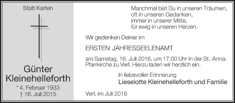  Traueranzeige für Günter Kleinehelleforth vom 13.07.2016 aus Die Glocke