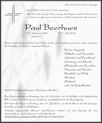 Traueranzeige von Paul  Beerhues von Die Glocke