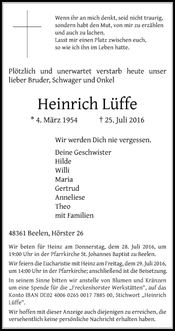 Traueranzeige von Heinrich Lüffe von Die Glocke