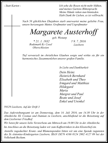 Traueranzeige von Margarete Austerhoff von Die Glocke