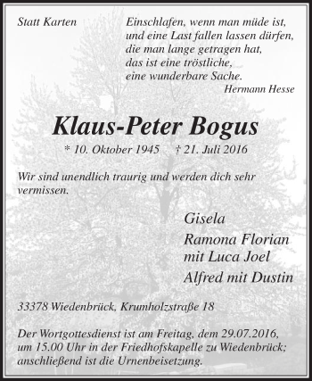 Traueranzeige von Klaus-Peter Bogus von Die Glocke