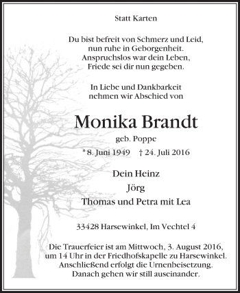 Traueranzeige von Monika Brandt von Die Glocke
