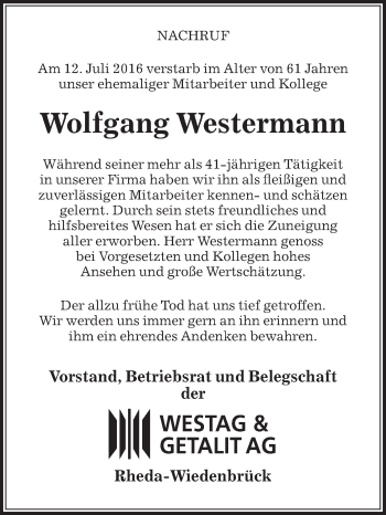 Traueranzeige von Wolfgang Westermann von Die Glocke