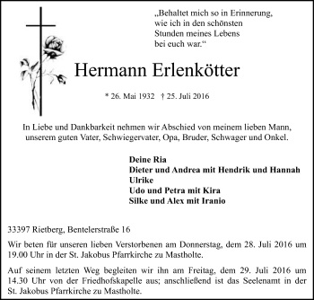 Traueranzeige von Hermann Erlenkötter von Die Glocke