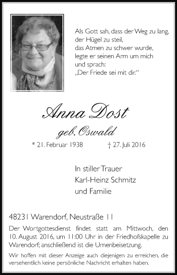 Traueranzeige von Anna Dost von Die Glocke