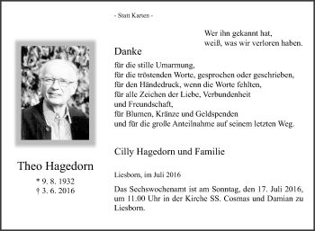 Traueranzeige von Theo Hagedorn von Die Glocke