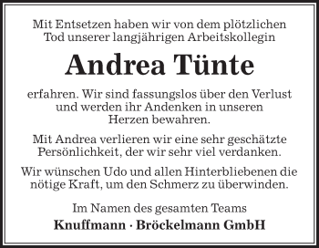 Traueranzeige von Andrea Tünte von Die Glocke