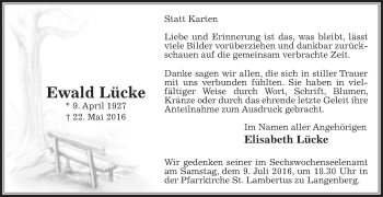 Traueranzeige von Ewald Lücke von Die Glocke