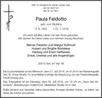 Traueranzeige von Paula Feldotto von Die Glocke