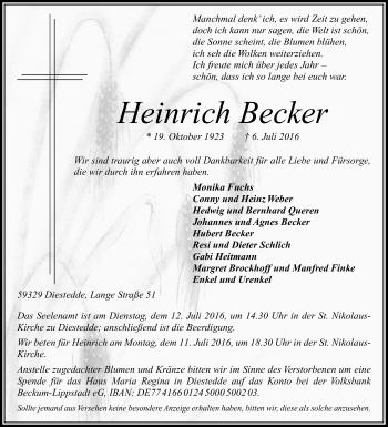 Traueranzeige von Heinrich Becker von Die Glocke