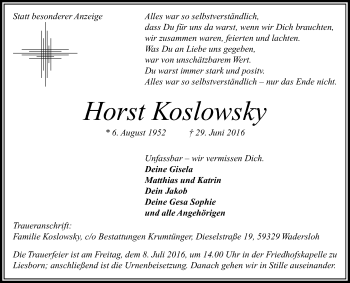 Traueranzeige von Horst Koslowsky von Die Glocke