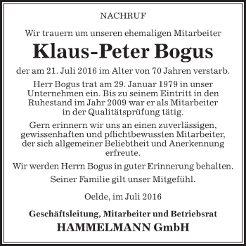 Traueranzeige von Klaus-Peter Bogus von Die Glocke