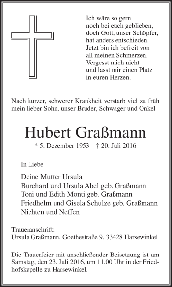 Traueranzeige von Hubert Graßmann von Die Glocke