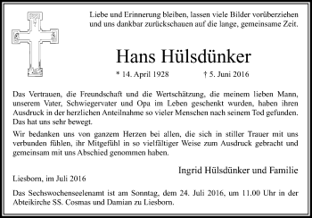 Traueranzeige von Hans Hülsdünker von Die Glocke