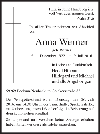 Traueranzeige von Anna Werner von Die Glocke