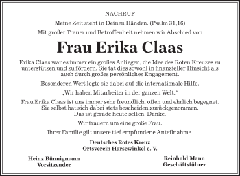 Traueranzeige von Erika Claas von Die Glocke