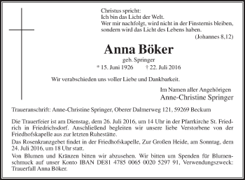 Traueranzeige von Anna Böker von Die Glocke