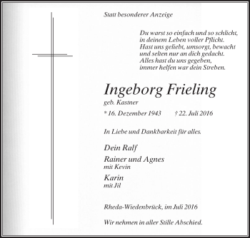 Traueranzeige von Ingeborg Frieling von Die Glocke