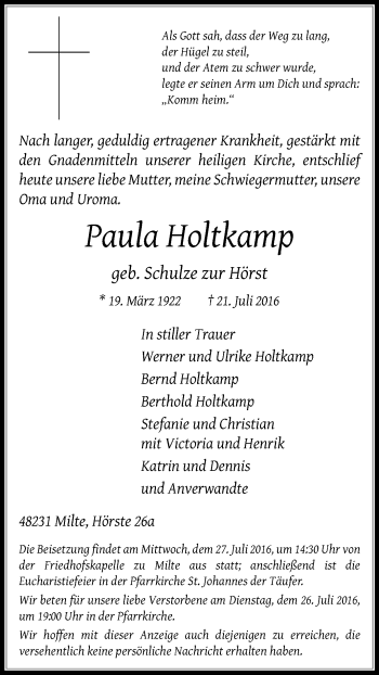 Traueranzeige von Paula Holtkamp von Die Glocke