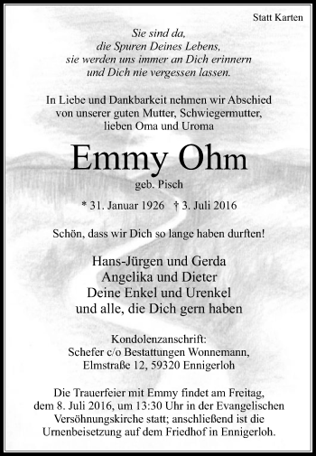Traueranzeige von Emmy Ohm von Die Glocke