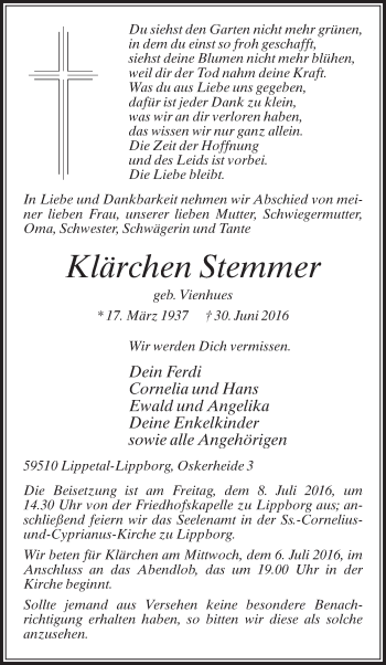 Traueranzeige von Klärchen Stemmer von Die Glocke