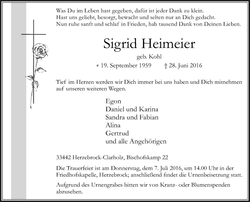  Traueranzeige für Sigrid Heimeier vom 02.07.2016 aus Die Glocke