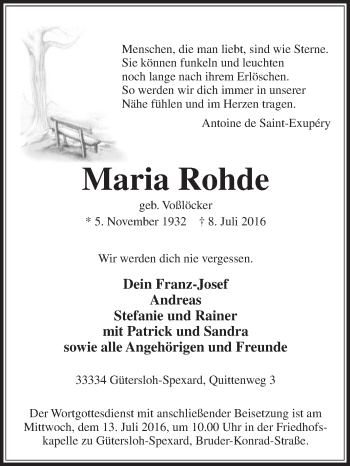 Traueranzeige von Maria Rohde von Die Glocke