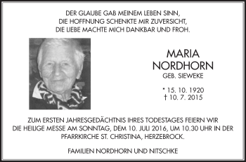 Traueranzeige von Maria Nordhorn von Die Glocke