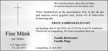 Traueranzeige von Fine Münk von Die Glocke