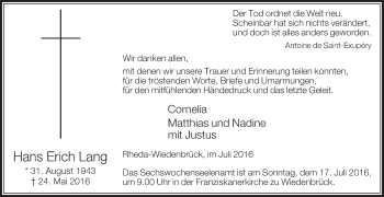 Traueranzeige von Hans Erich Lang von Die Glocke