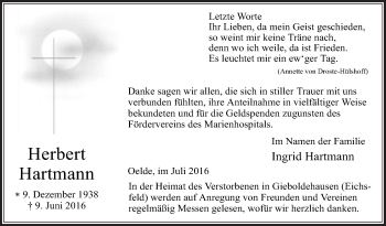 Traueranzeige von Herbert Hartmann von Die Glocke
