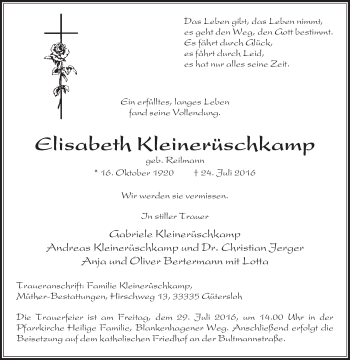 Traueranzeige von Elisabeth Kleinerüschkamp von Die Glocke