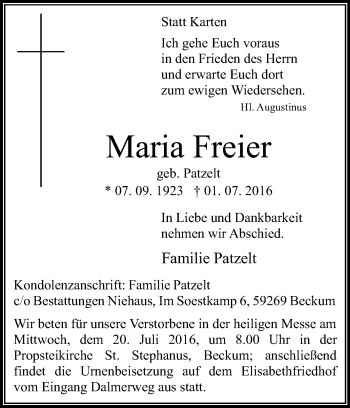 Traueranzeige von Maria Freier von Die Glocke