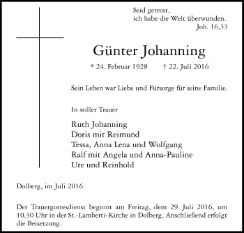 Traueranzeige von Günter Johanning von Die Glocke