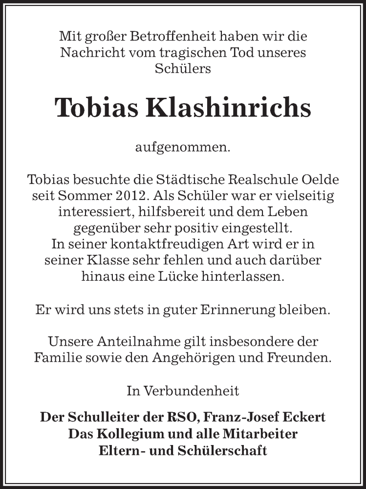  Traueranzeige für Tobias Klashinrichs vom 22.07.2016 aus Die Glocke