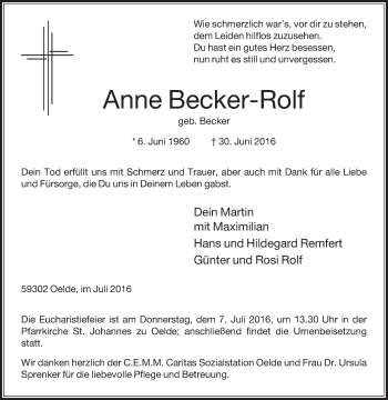 Traueranzeige von Anne Becker-Rolf von Die Glocke