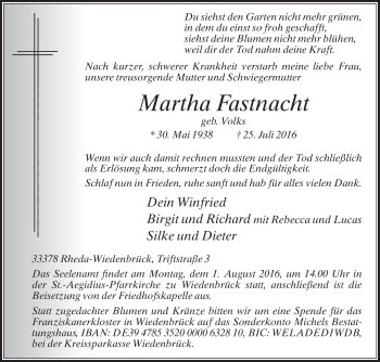 Traueranzeige von Martha Fastnacht von Die Glocke