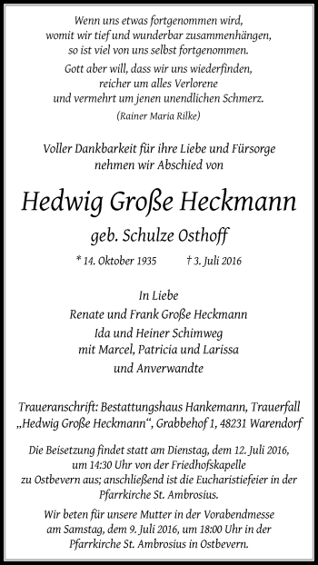Traueranzeige von Hedwig Große Heckmann von Die Glocke