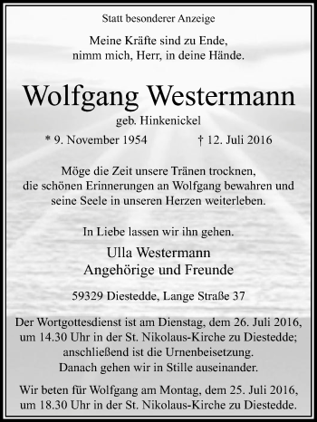 Traueranzeige von Wolfgang Westermann von Die Glocke