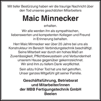 Traueranzeige von Maic Minnecker von Die Glocke