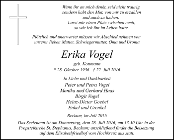 Traueranzeige von Erika Vogel von Die Glocke