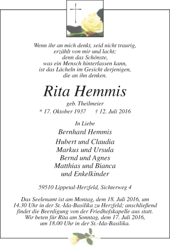 Traueranzeige von Rita Hemmis von Die Glocke