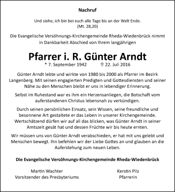 Traueranzeige von Günter Arndt von Die Glocke