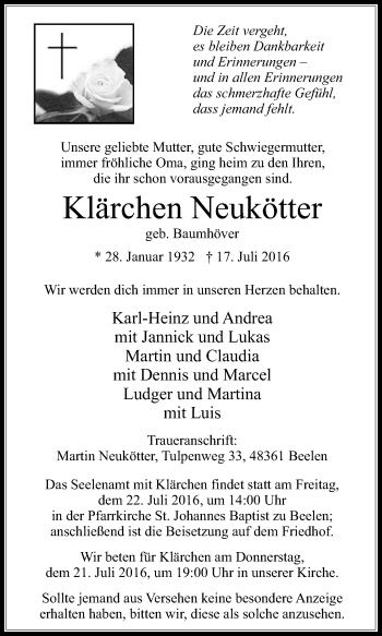 Traueranzeige von Klärchen Neukötter von Die Glocke