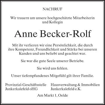Traueranzeige von Anne Becker-Rolf von Die Glocke