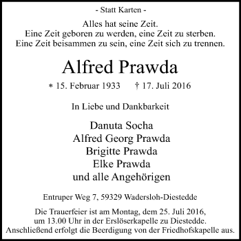 Traueranzeige von Alfred Prawda von Die Glocke