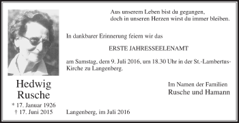 Traueranzeige von Hedwig Rusche von Die Glocke