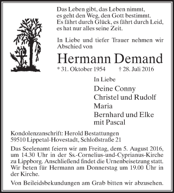 Traueranzeige von Hermann Demand von Die Glocke