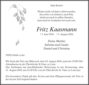 Traueranzeige von Fritz Kaasmann von Die Glocke