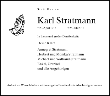 Traueranzeige von Karl Stratmann von Die Glocke